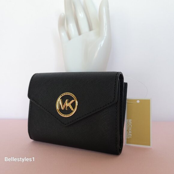 MICHAEL KORS Greenwich Medium Envelope Trifold Saffiano Leather Wallet- Black ⭐ - Picture 4 of 16